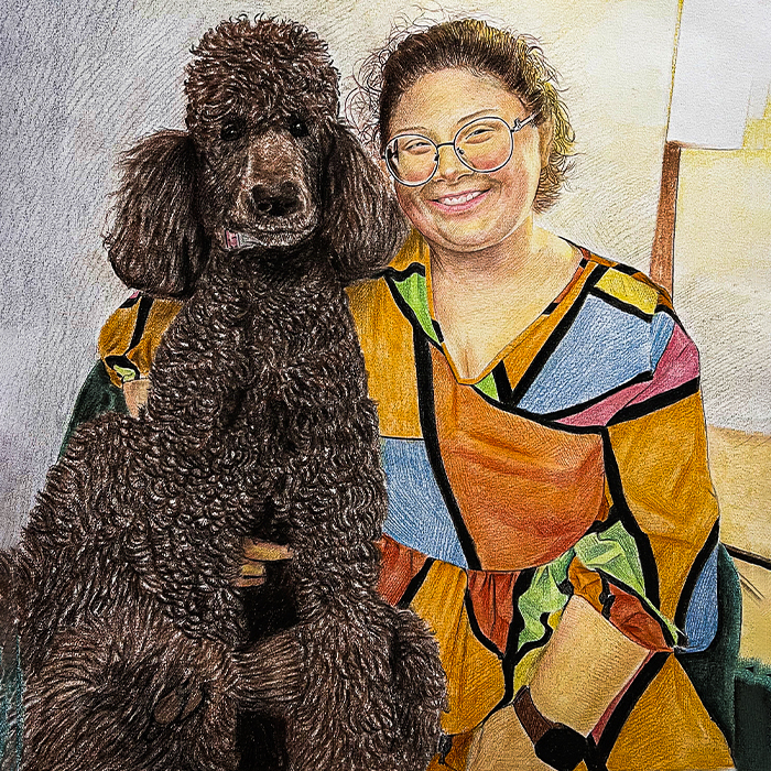 Hand-drawn colored pencil portrait of a woman and her poodle from a photo